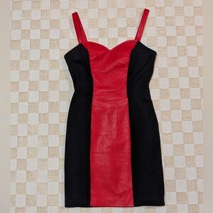 Cache Red Leather Panel and Black Stretchy Mini Dress Size Smalll